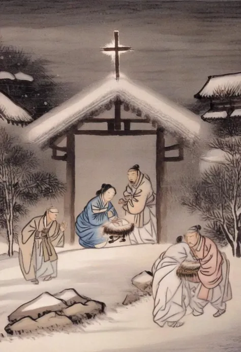 best quality, shinyunbok painting, Show me a snowy church with a Nativity scene outside.