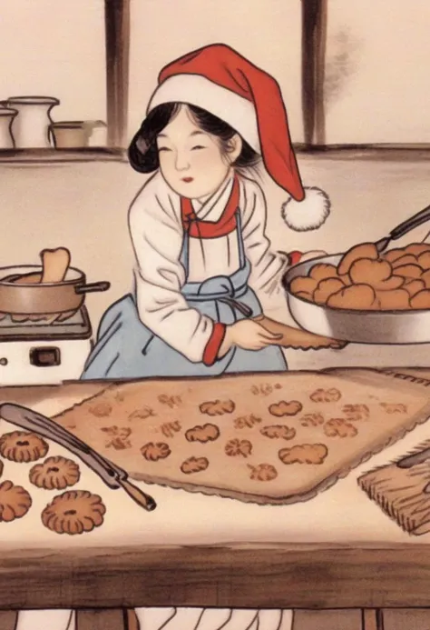 best quality, shinyunbok painting, a drawing of a cute Santa girl baking gingerbread cookies.