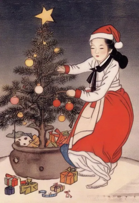 best quality, shinyunbok painting, an illustration of a sweet Santa girl decorating a Christmas tree.