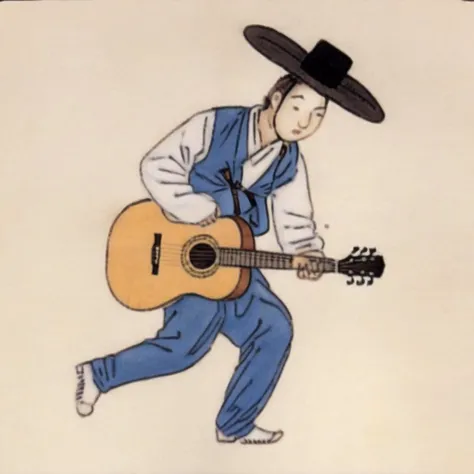 a man with a hat playing guitar <lora:Destijl:1>