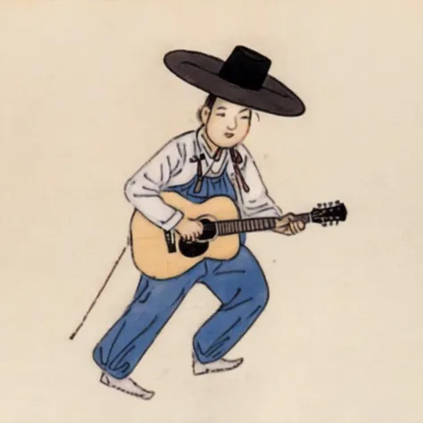 a man with a hat playing guitar <lora:Destijl:1>