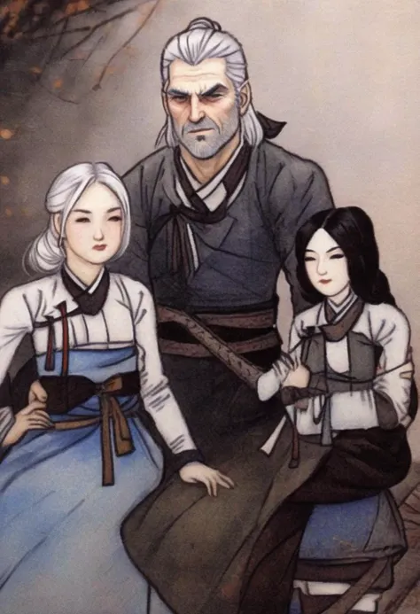 best quality, shinyunbok painting, a portrait of Geralt, Ciri, and Yennefer together.