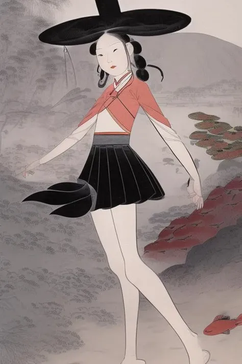best quality, Caribbean, 1girl, miniskirt, A coral reef with brightly colored fish, shinyunbok painting