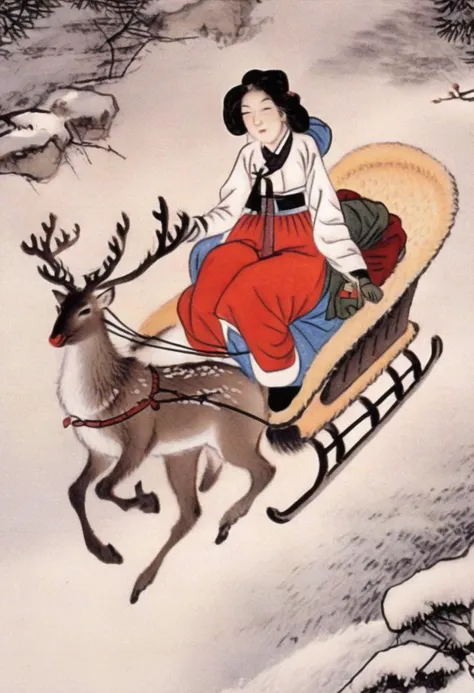 best quality, shinyunbok painting, an image of a lovely Santa girl riding in a sleigh with reindeer.