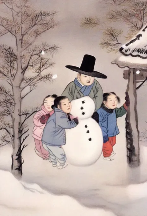 best quality, shinyunbok painting, Make an image of children building a snowman in a winter wonderland.