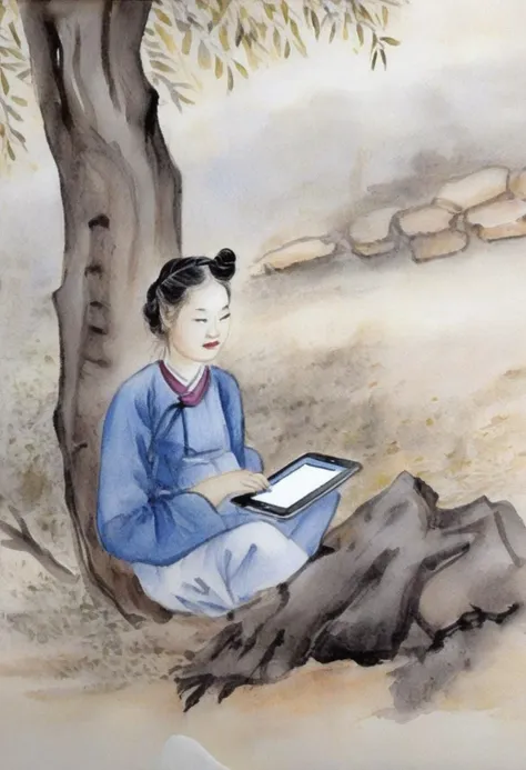 Watercolor painting shinyunbok painting, a girl looking at tablet pc, under the tree, sitting on ground . Vibrant, beautiful, painterly, detailed, textural, artistic