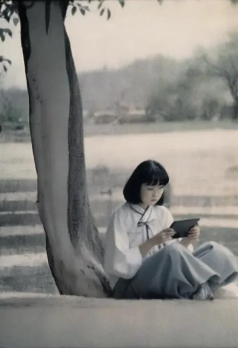 analog film photo shinyunbok painting, a girl looking at tablet pc, under the tree, sitting on ground . faded film, desaturated, 35mm photo, grainy, vignette, vintage, Kodachrome, Lomography, stained, highly detailed, found footage