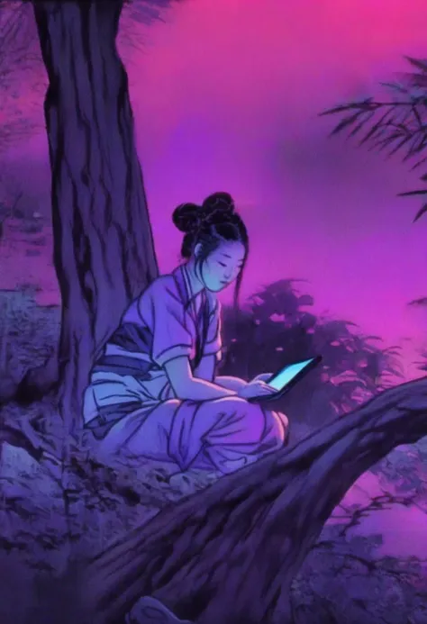 neonpunk style shinyunbok painting, a girl looking at tablet pc, under the tree, sitting on ground . cyberpunk, vaporwave, neon, vibes, vibrant, stunningly beautiful, crisp, detailed, sleek, ultramodern, magenta highlights, dark purple shadows, high contrast, cinematic, ultra detailed, intricate, professional