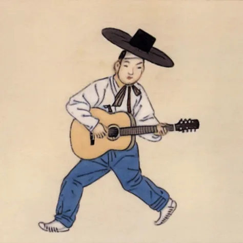 a man with a hat playing guitar <lora:Destijl:1>
