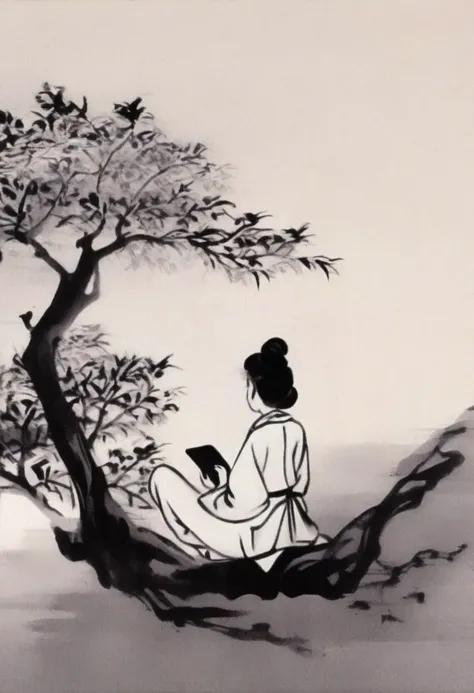 Silhouette style shinyunbok painting, a girl looking at tablet pc, under the tree, sitting on ground . High contrast, minimalistic, black and white, stark, dramatic