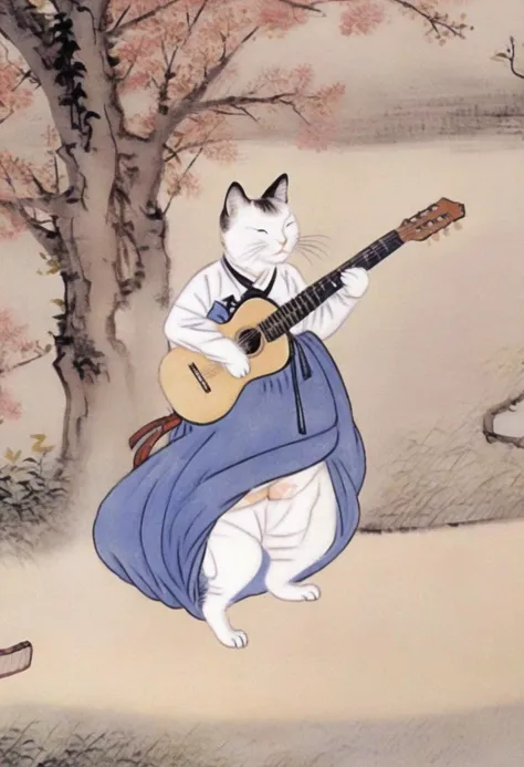 best quality, shinyunbok painting, a cat wearing dress and playing guitar at the park