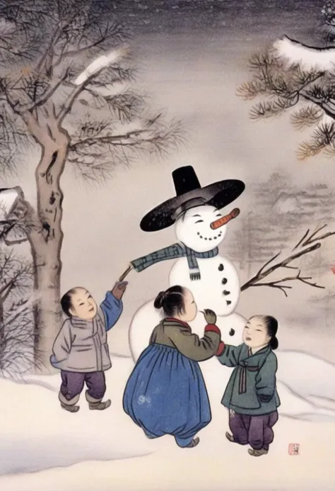 best quality, shinyunbok painting, Make an image of children building a snowman in a winter wonderland.