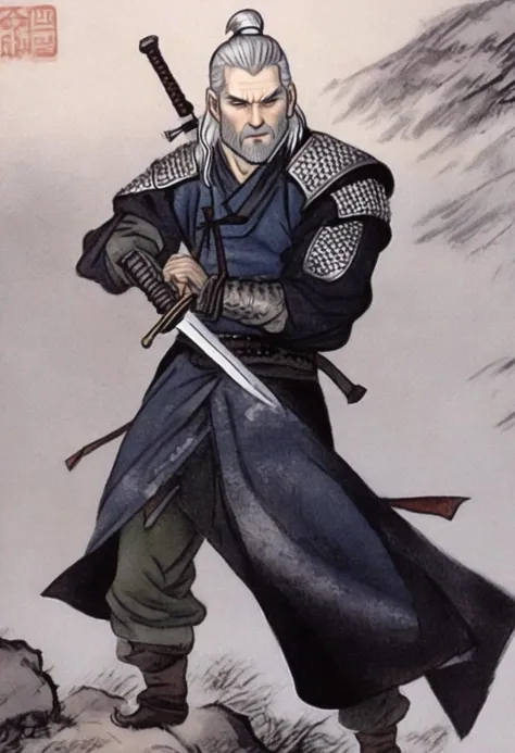 best quality, shinyunbok painting, an image of Geralt of Rivia wielding his silver sword.