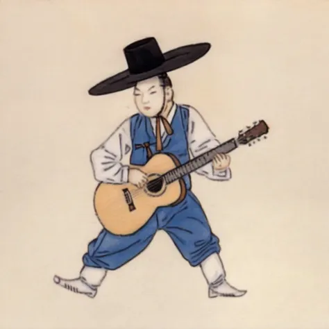 a man with a hat playing guitar <lora:Destijl:1>