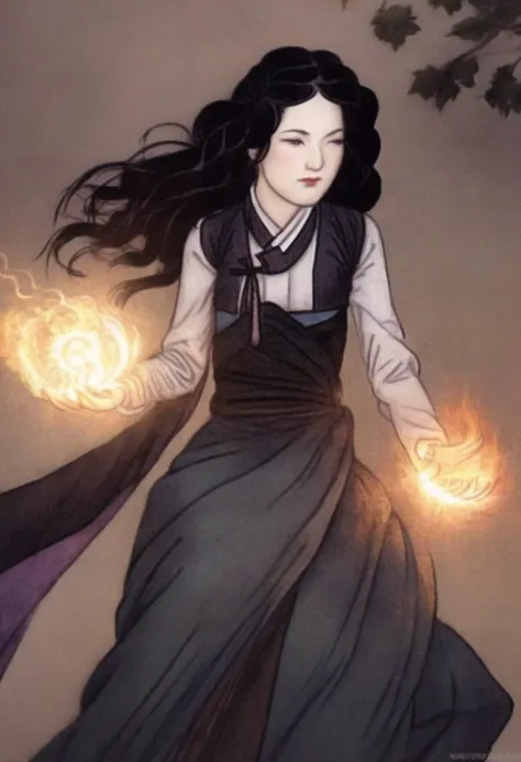 best quality, shinyunbok painting, an image of Yennefer casting a powerful spell.