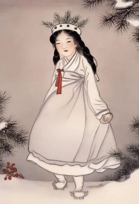 best quality, shinyunbok painting, a picture of a cute Santa girl with a snowflake tiara.