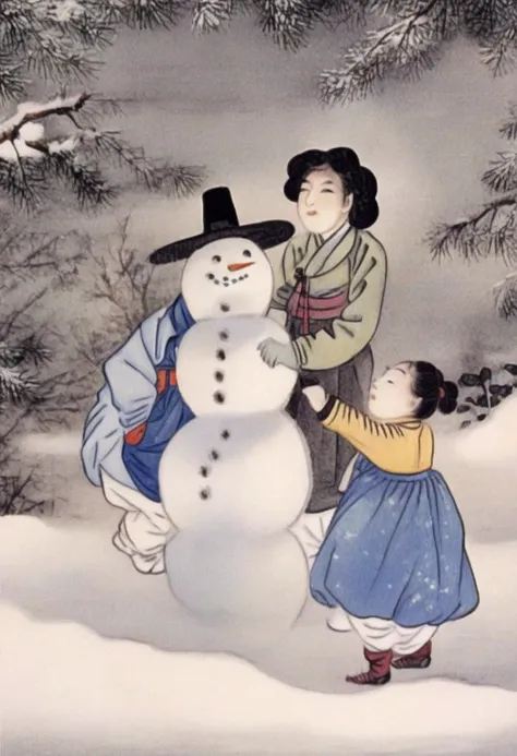 best quality, shinyunbok painting, Make an image of children building a snowman in a winter wonderland.