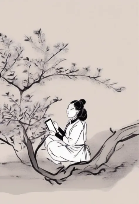 line art drawing shinyunbok painting, a girl looking at tablet pc, under the tree, sitting on ground . professional, sleek, modern, minimalist, graphic, line art, vector graphics