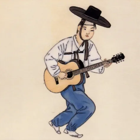 a man with a hat playing guitar <lora:Destijl:1>