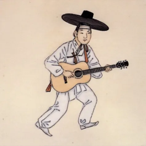 a man with a hat playing guitar <lora:Destijl:1>