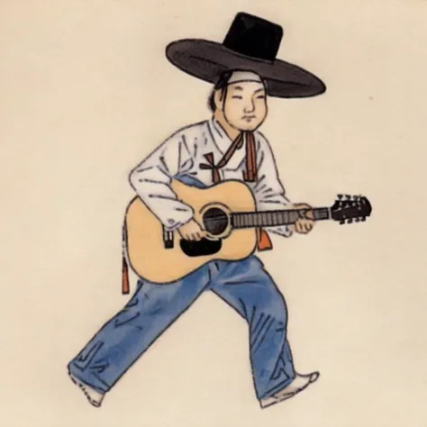 a man with a hat playing guitar <lora:Destijl:1>
