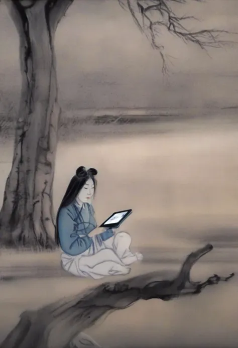 Long exposure photo of shinyunbok painting, a girl looking at tablet pc, under the tree, sitting on ground . Blurred motion, streaks of light, surreal, dreamy, ghosting effect, highly detailed