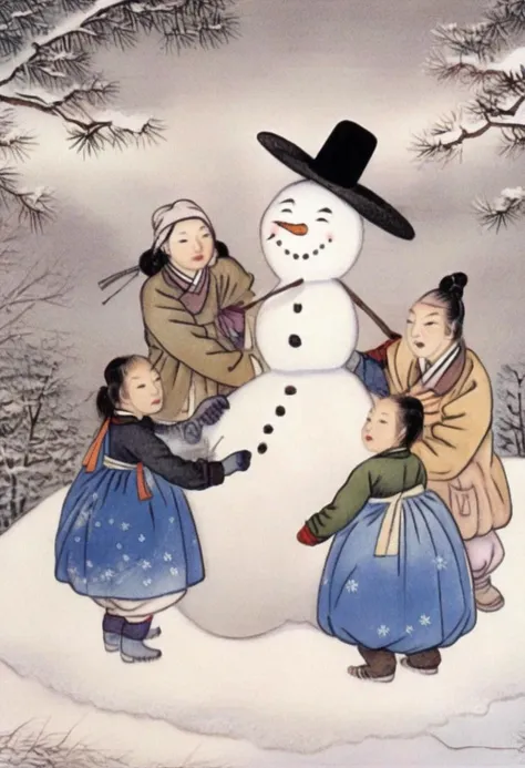 best quality, shinyunbok painting, Make an image of children building a snowman in a winter wonderland.