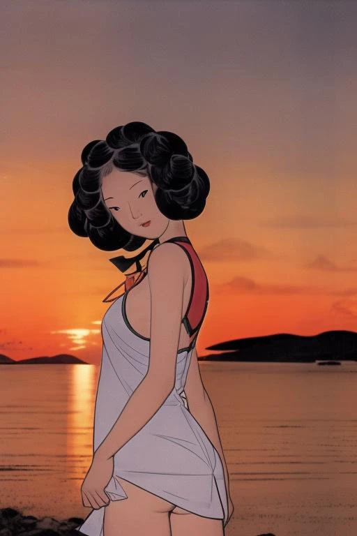 best quality, Caribbean, 1girl, miniskirt, A colorful sunset over a Caribbean island, shinyunbok painting