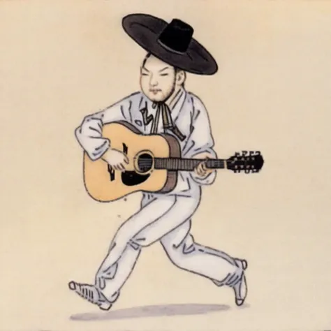 a man with a hat playing guitar <lora:Destijl:1>