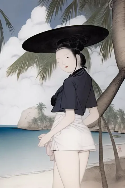 best quality, Caribbean, 1girl, miniskirt, A beach with palm trees and crystal clear water, shinyunbok painting