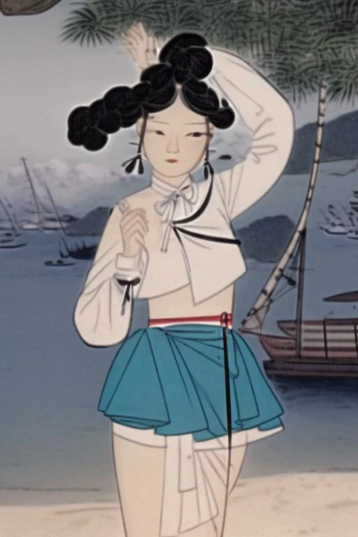 best quality, Caribbean, 1girl, miniskirt, A sailboat anchored in a turquoise bay, shinyunbok painting