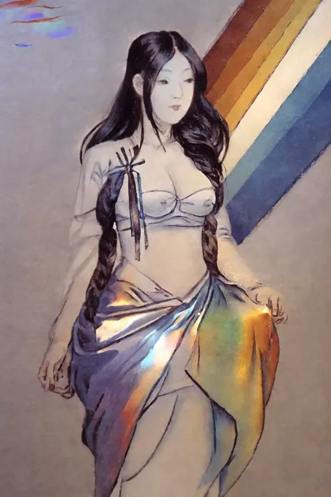 iridescent painting, prismatic, holographic, chromatic aberration,
masterpiece, best quality, 1girl, <lora:kwFemale_Beta40-SDXL_v1:1>, asian,cleavage
