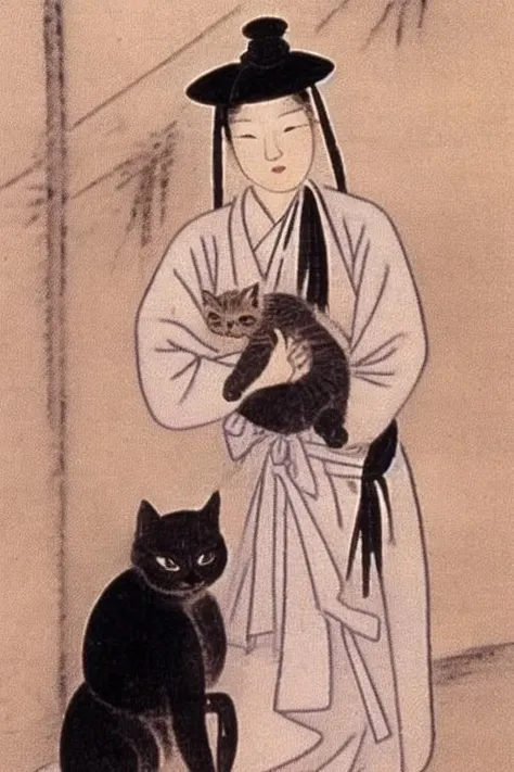best quality, a woman holding a cat, shinyunbok painting