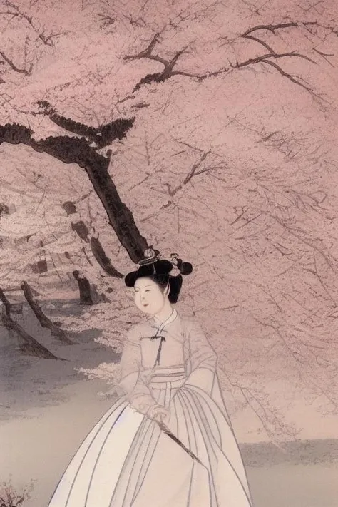 best quality, a portrait of a woman, under the tree, cherry blossom, flying petals, shinyunbok painting