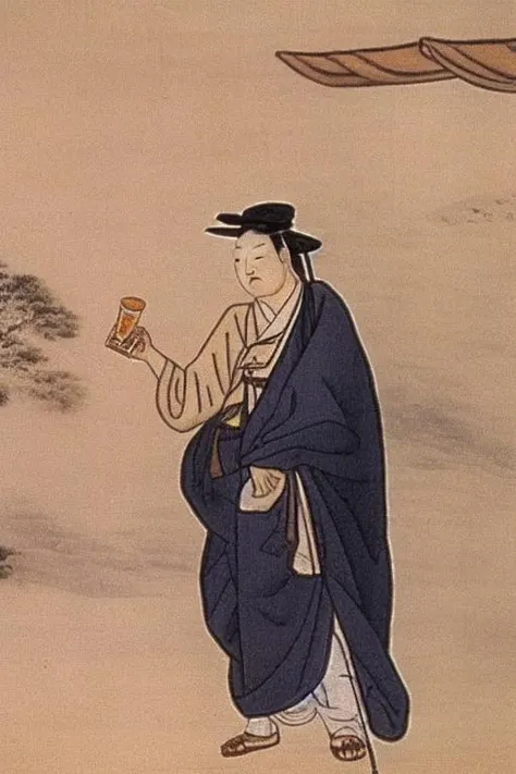 best quality, a man holding a beer bottle, shinyunbok painting