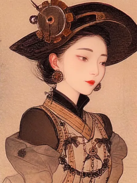 (masterpiece, best quality), shinyunbok painting, A portrait of a steampunk girl with intricately designed steam-powered earrings and a choker.