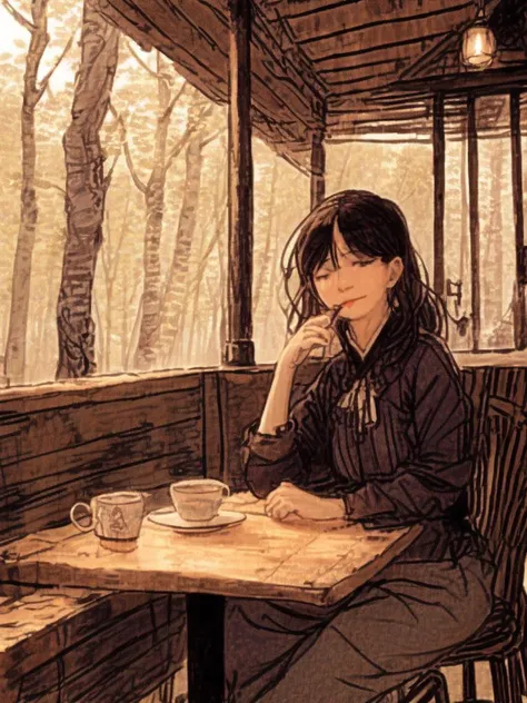 shinyunbok painting, best quality, portrait of a girl sitting in the cafe, a secluded cafe in a forest, cafe is made of wood and it is surrounded by trees