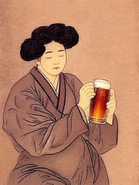 shinyunbok painting, best quality, a man holding a beer