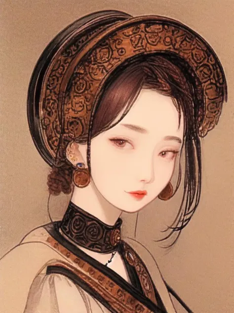 (masterpiece, best quality), shinyunbok painting, A portrait of a steampunk girl with intricately designed steam-powered earrings and a choker.