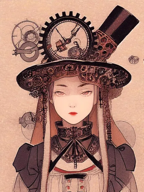 (masterpiece, best quality), shinyunbok painting, A steampunk girl with a top hat adorned with gears and feathers, and a cascading veil.