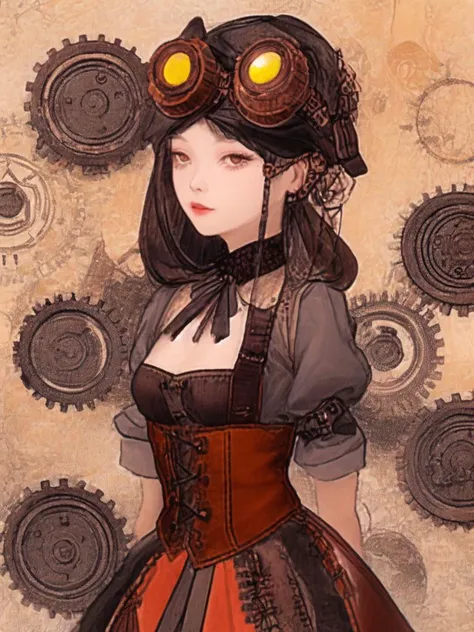 (masterpiece, best quality), shinyunbok painting, A young steampunk girl with intricate goggles, a leather corset, and gears as hair accessories.