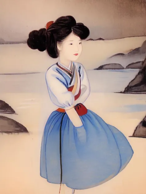 shinyunbok anime, (exceptional, best aesthetic, new, newest, best quality, masterpiece, extremely detailed, waifu:1.2), portrait of a girl on the beach