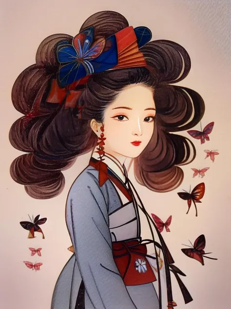 shinyunbok anime, (exceptional, best aesthetic, new, newest, best quality, masterpiece, extremely detailed, waifu:1.2), A steampunk girl with vibrant, curly hair adorned with mechanical butterflies and flowers