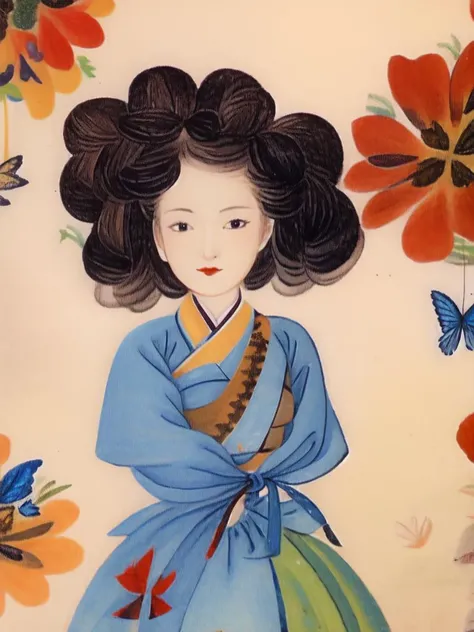 shinyunbok anime, (exceptional, best aesthetic, new, newest, best quality, masterpiece, extremely detailed, waifu:1.2), A steampunk girl with vibrant, curly hair adorned with mechanical butterflies and flowers