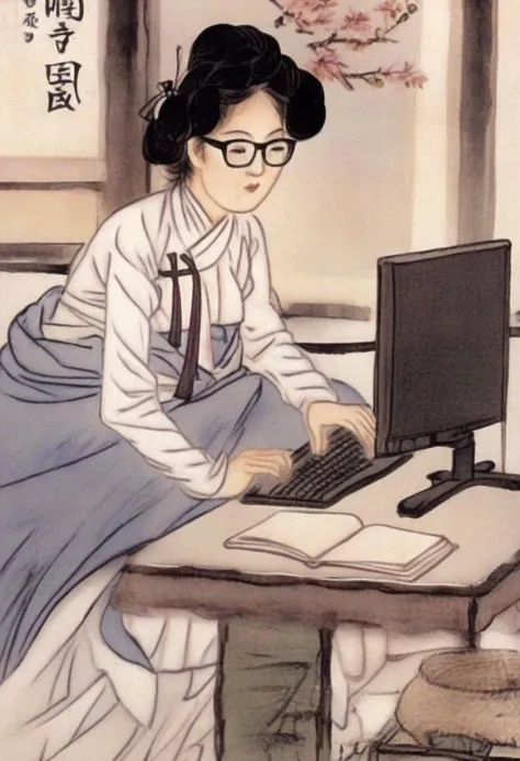 best quality, shinyunbok painting, a lady wearing glasses, her eyes fixed on the computer screen as she works tirelessly