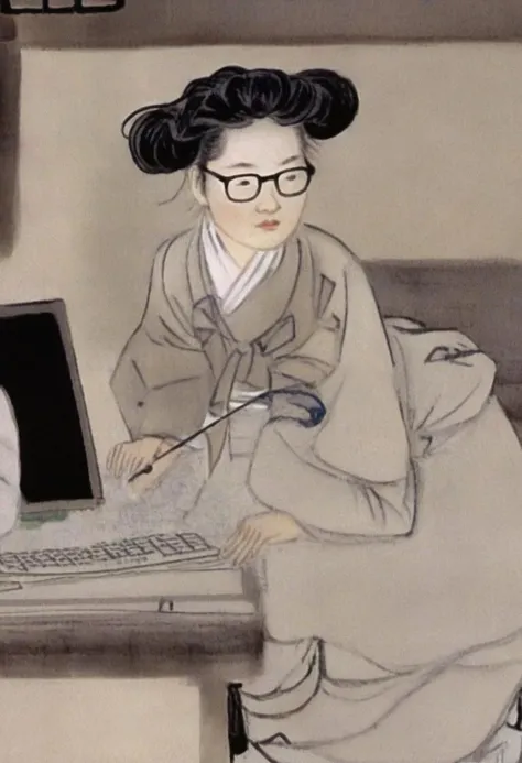 shinyunbok painting, a lady wearing glasses, her eyes fixed on the computer screen as she works tirelessly