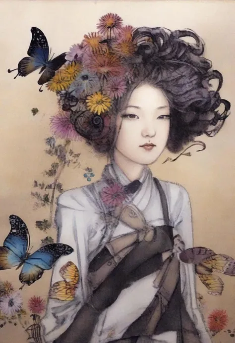 shinyunbok painting, A steampunk girl with vibrant, curly hair adorned with mechanical butterflies and flowers