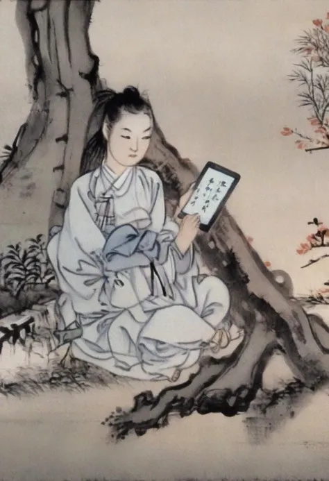 best quality, shinyunbok painting, a girl looking at tablet pc, under the tree, sitting on ground