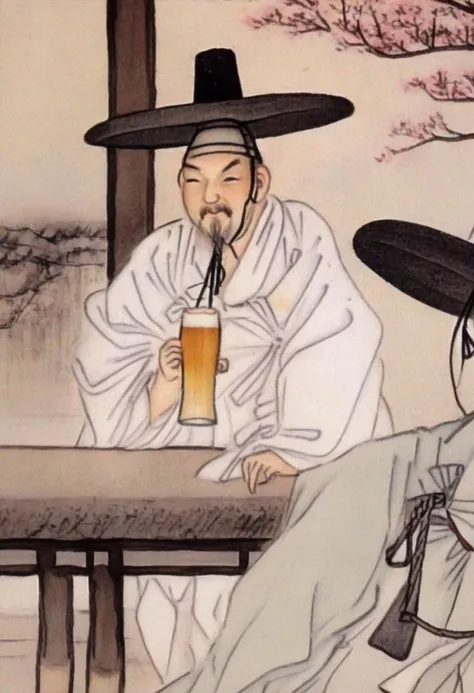 best quality, shinyunbok painting, a man with a hat, drinking a beer at the bar