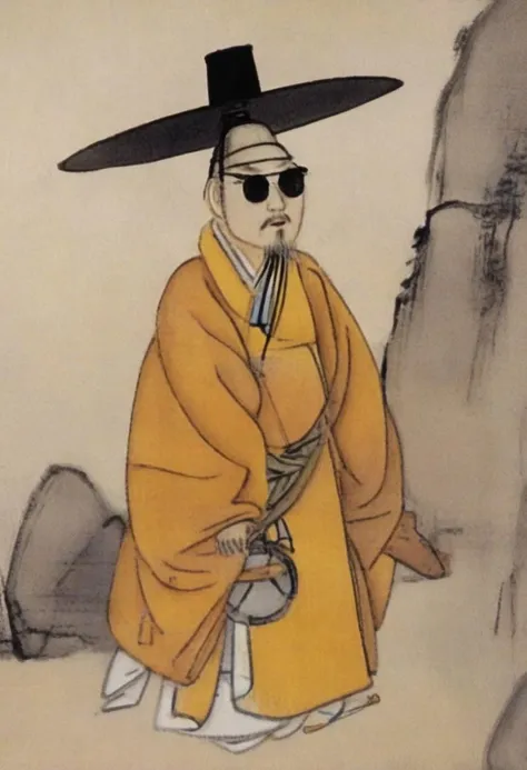 shinyunbok painting, a man with a hat, wearing sunglasses